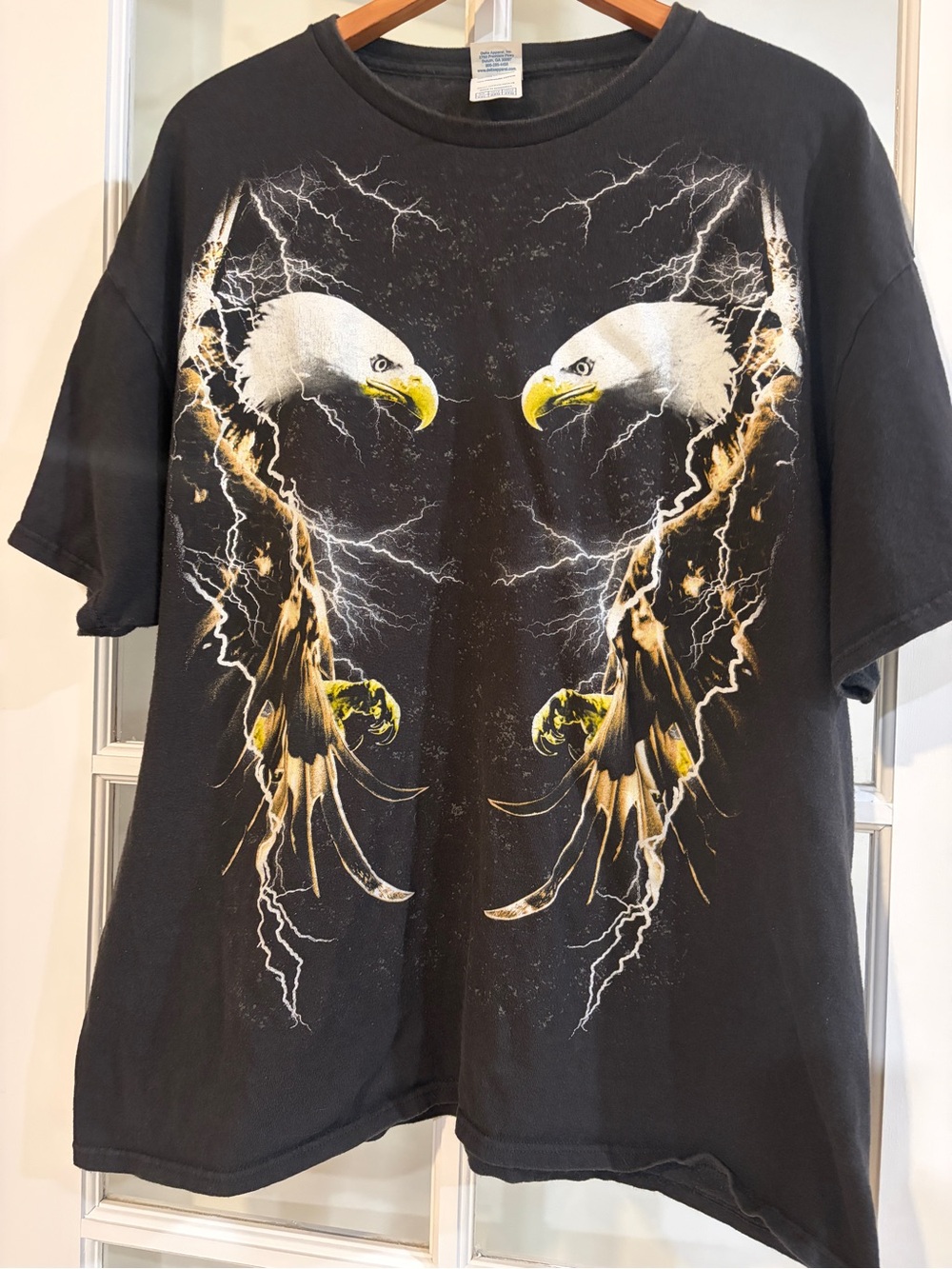 Vintage Eagle Graphic T-Shirt Black Double Bald Eagle Yellow Lightning Biker